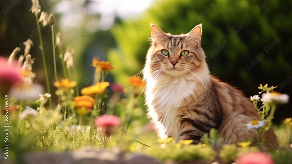 Portrait of a cat on a background of flowers in the garden