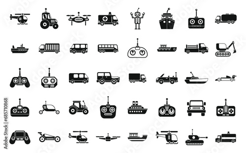 Radio control toys icons set simple vector. Rc toy model. Remote control play photo