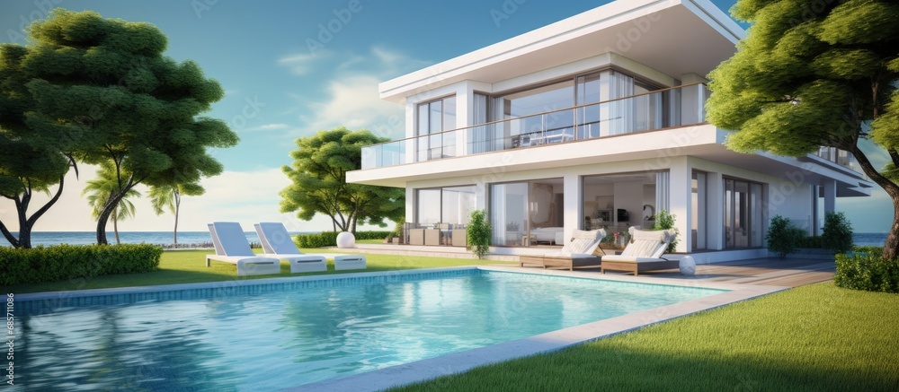 Contemporary holiday villa with pool garden and ocean view Copy space image Place for adding text or design