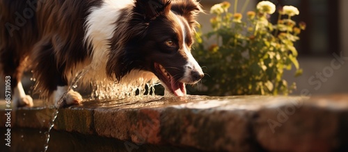 Collie at fountain drinking water Copy space image Place for adding text or design photo