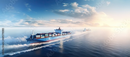 A ship banner depicting a cargo vessel sailing in the ocean with containers symbolizing export and freight shipping Copy space image Place for adding text or design photo