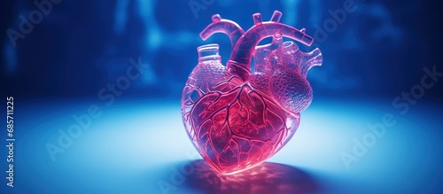 Close up of prototype human heart created using 3D printing Photopolymer object printed on a stereolithography 3D printer utilizing liquid photopolymerization under UV light Innovative medical photo