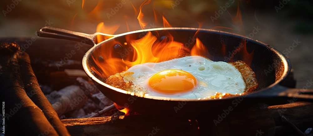 Campfire cooked fried egg in pan Copy space image Place for adding text or design