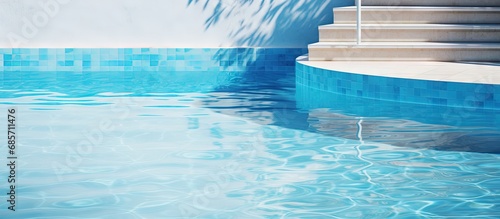 Curved stairs lead to a pool with blue water Copy space image Place for adding text or design