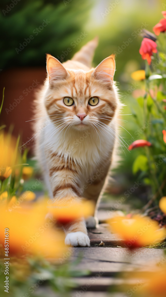 Ginger cat walks in the garden on the grass and flowers. Ginger cat walks in the garden on the grass and flowers.