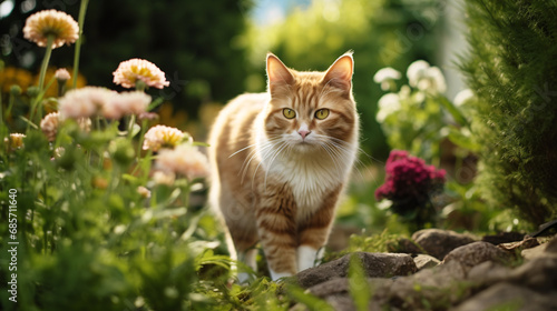 Cute ginger cat with green eyes sitting in the garden with flowers