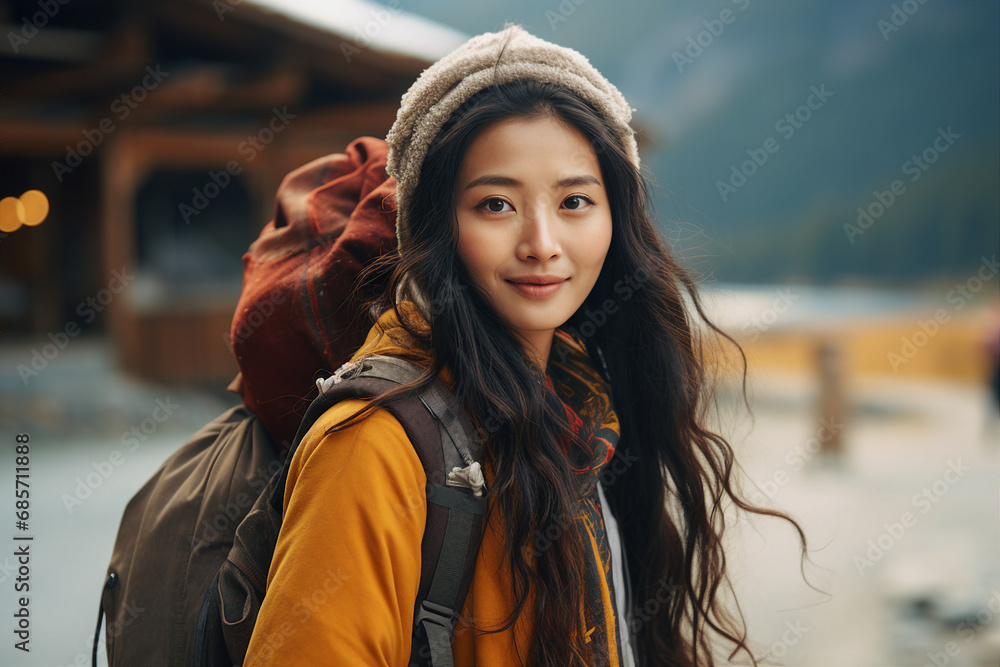 Picture made with generative ai technology of charming girl traveling to exotic places Picture made with generative ai technology of charming girl traveling to exotic places