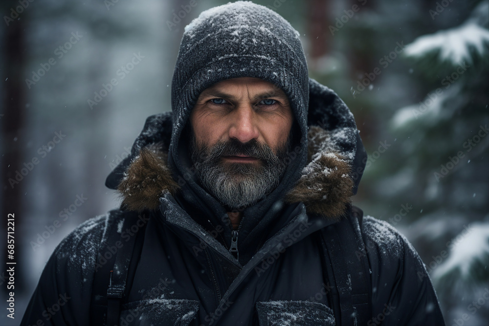 Bearded serious man guy photographing at scenic wonderful winter snowy forest Generative AI Bearded serious man guy photographing at scenic wonderful winter snowy forest Generative AI