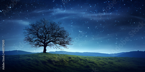 Mystical Night A Tree in the Enchanting Field.tree on the hill.AI Generative 