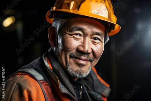 Generative ai technology portrait of mine worker wearing hardhat helmet standing in a mine