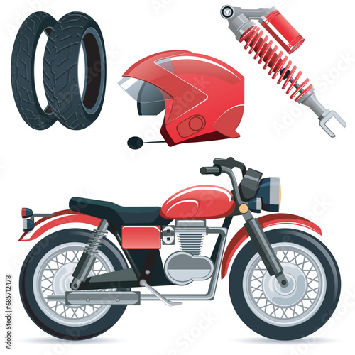 Set of red motorcycle, helmet, tires and shock absorber on a white background