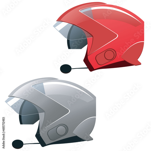 Red and gray shiny motorcycle helmets with microphone on white background