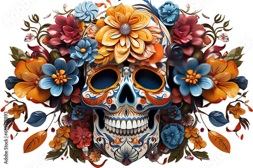 A colourful Traditional Calavera, sugar skull decorated with flowers for Day of the dead isolated on Transparent background. Generative AI