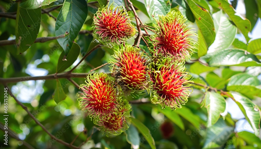 Rambutan on the tree with lush leaves