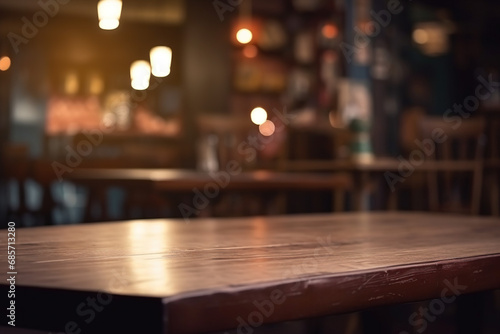 Empty dark brown wooden work table in front of restaurant in retro style blurred background, made with Generative AI © beppujah
