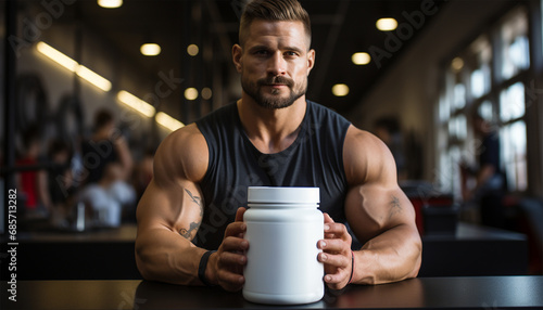 Muscular man in the gym with sport fitness supplements. Nutritional medicine. Athletic young man using bodybuilding dietary supplements. Sports nutrition