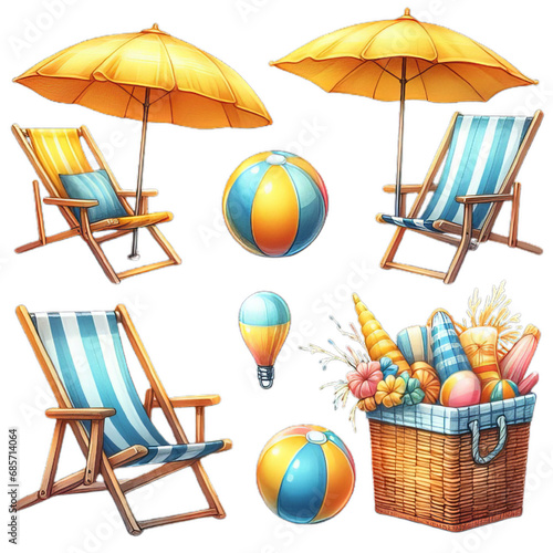 Beach chair with yellow umbrella watercolor style Time to travel concept.