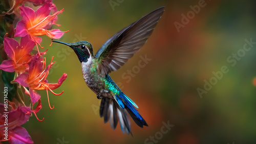 Hummingbird in the rain, drinking colorful wildflowers in a natural environment. AI generation