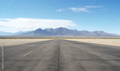 An empty runway with mountains in the background