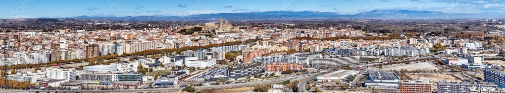Drone panorama over the historic city of Lleida in Spain in sunshine