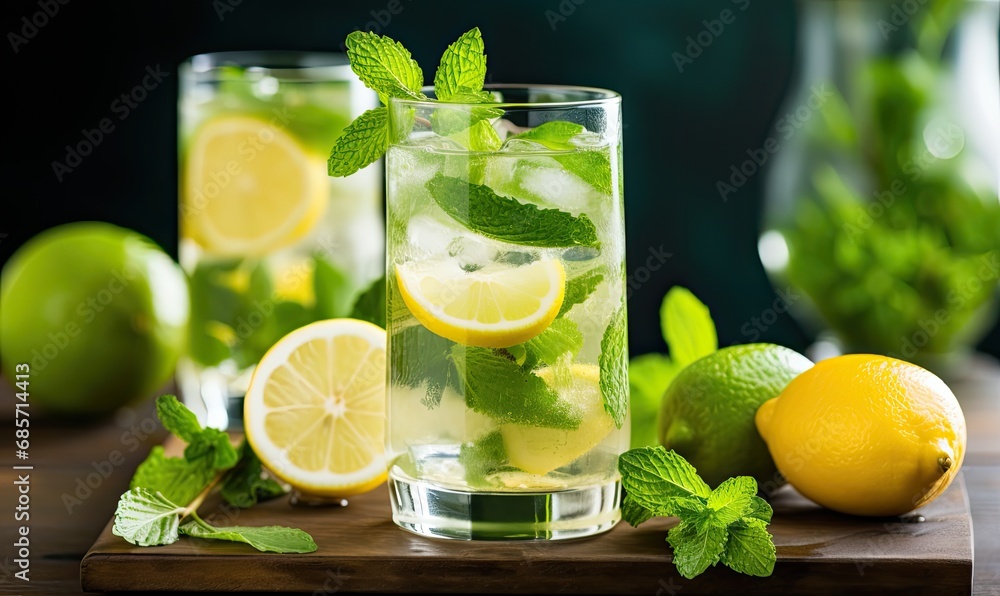 A glass of mojito with limes and mint A glass of mojito with limes and mint