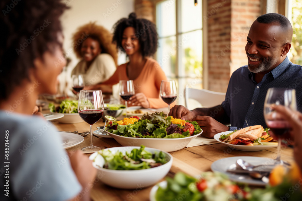 An African American family enjoying lunch together at home, sharing moments of joy and fun.