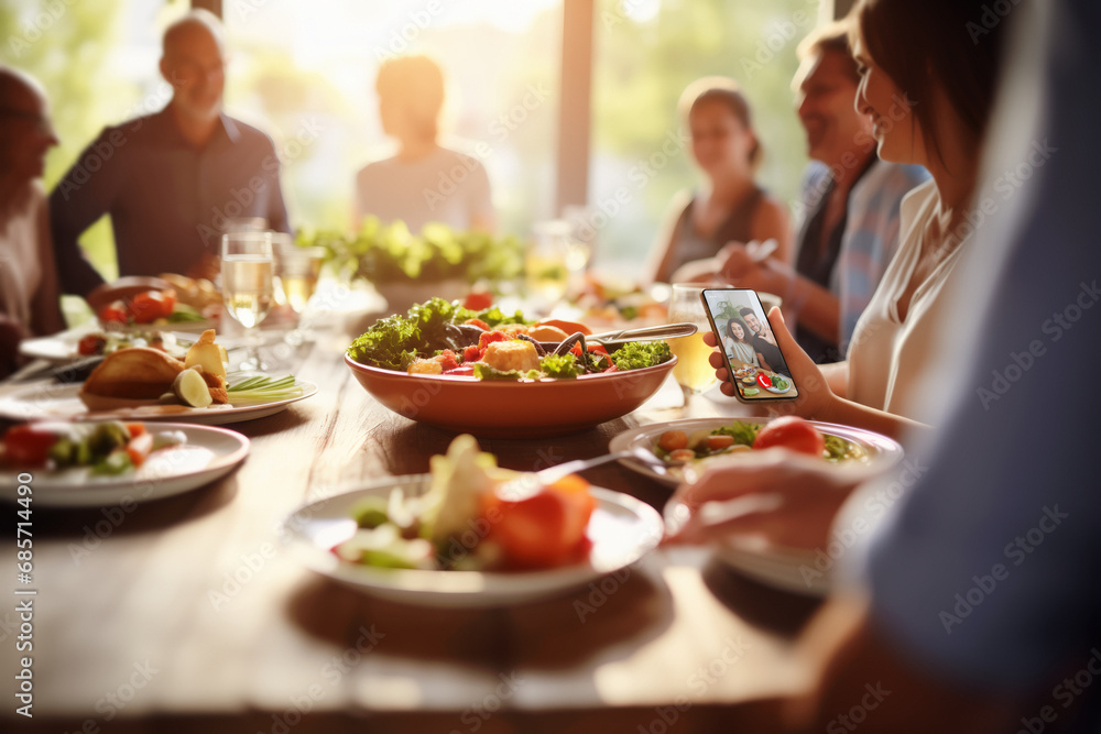 Family gathering to enjoy lunch together, connected through a smartphone video call with relatives who are far away.