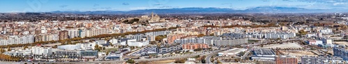 Drone panorama over the historic city of Lleida in Spain in sunshine