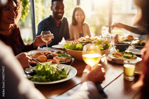 A multiracial group of old friends enjoy each other's company with a meal together at home, sharing moments of joy and fun, and reminiscing about anecdotes.