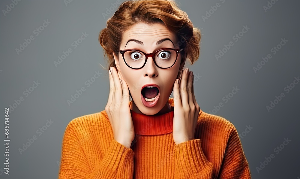A woman with glasses and a surprised look on her face - obrazy, fototapety, plakaty 