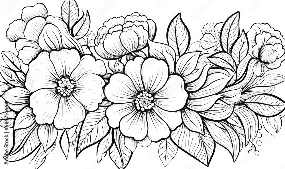 A line drawing of flowers on a white background A line drawing of flowers on a white background