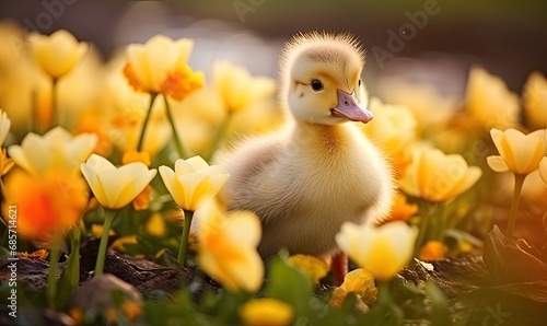 A duckling sitting in the middle of a field of flowers