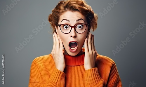 A woman with glasses and a surprised look on her face photo