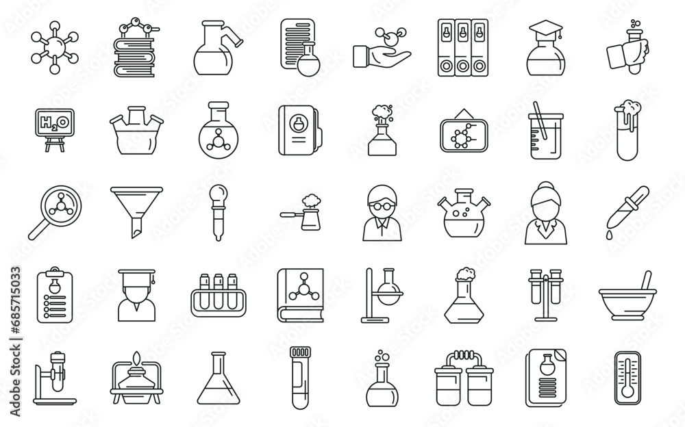 Chemistry teacher icons set outline vector. Woman science. Girl career lab