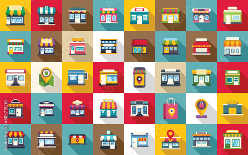 Local shop icons set flat vector. Store city street. Shop cafe