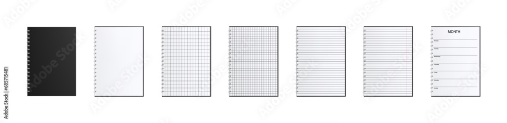 Set of vector illustrations of notebooks on a spring with sheets of paper. A blank sheet of notebook paper in a ruler, a cell, with red margins and without - Eps 10 Set of vector illustrations of notebooks on a spring with sheets of paper. A blank sheet of notebook paper in a ruler, a cell, with red margins and without - Eps 10