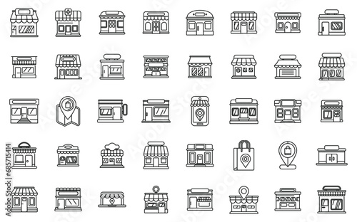 Local shop icons set outline vector. Store city street. Shop cafe