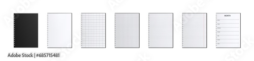 Set of vector illustrations of notebooks on a spring with sheets of paper. A blank sheet of notebook paper in a ruler, a cell, with red margins and without - Eps 10