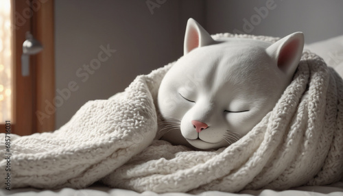 A pink nosed cat doll in a deep sleep covered in a cozy white blanket. photo