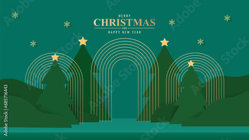 Empty tabletop or shelf for product display presentation with christmas tree green gackground. Christmas background