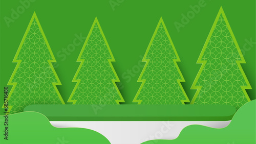 Podium platform and christmas tree on green background. Platform to show product for christmas. Happy new year. Merry Christmas banner