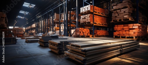 raw metal materials in factory warehouse  warehouse with racks and loading and unloading cranes