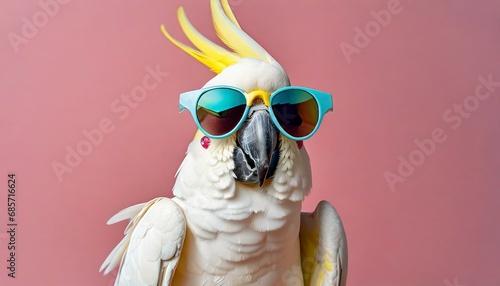 closeup of white cockatoo parrot wearing sunglasses domestic pet bird animal solid pink pastel background tropical summer vacation concept web banner funny birthday party card invitation © Ashley