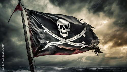 a dramatic photo of a tattered pirate flag waving defiantly against a backdrop of a stormy sky the image symbolizes danger defiance and the rebellious spirit of the pirate life