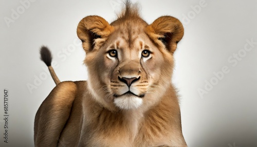 portrait of immature lion in front of white background