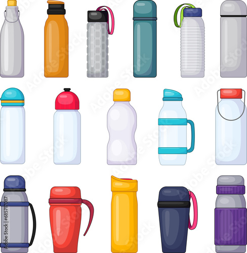 Vacuum insulated water bottle icons set cartoon vector. Flask thermo. Drink steel camping