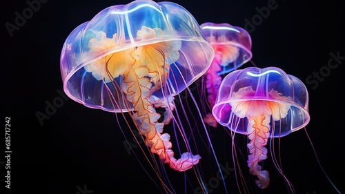 Close up horizontal view of three colourful jellyfish floating on a dark background AI generated