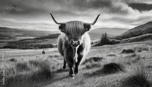black and white photo of a highland cow in the scottish countryside