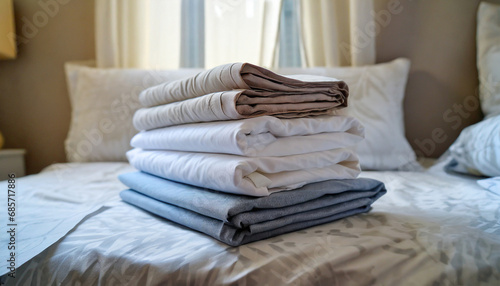 a stack of folded sheets sitting on top of a bed this image can be used to showcase clean linens bedroom organization or household chores © Ashley