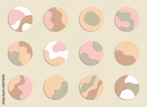 Abstract highlight covers in pastel boho colours. Round icons with various shapes for social media and bloggers. Minimal background design. Vector illustration.